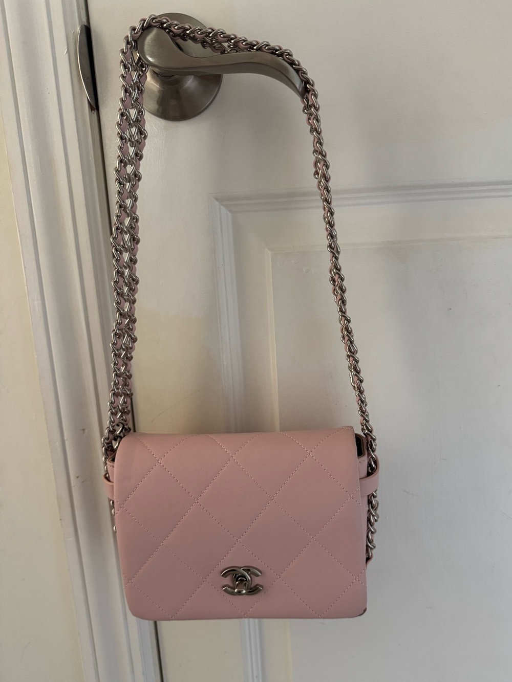 CHANEL Pink Quilted Lambskin Chain Shoulder Bag with CC Turn-Lock